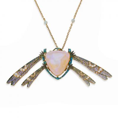 Ren Lalique Lalique Co Ren Lalique Art Nouveau Plique jour Enamel Fire Opal and Diamond Damselfly