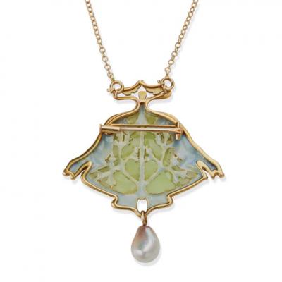 Ren Lalique Lalique Co Ren Lalique Plique jour Enamel and Natural Pearl Breton Lion and Seaweed