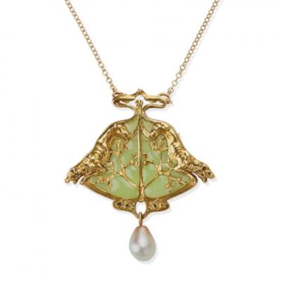 Ren Lalique Lalique Co Ren Lalique Plique jour Enamel and Natural Pearl Breton Lion and Seaweed