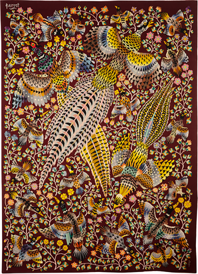 Ren Perrot Modern Aubusson tapestry by Ren Perrot Three pheasants wool