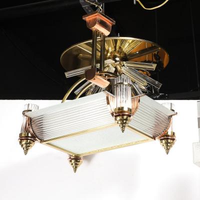 Ren Pottier Art Deco Machine Age Brass Copper Rectangular Chandelier by Ren Pottier