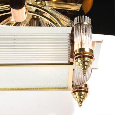 Ren Pottier Art Deco Machine Age Brass Copper Rectangular Chandelier by Ren Pottier