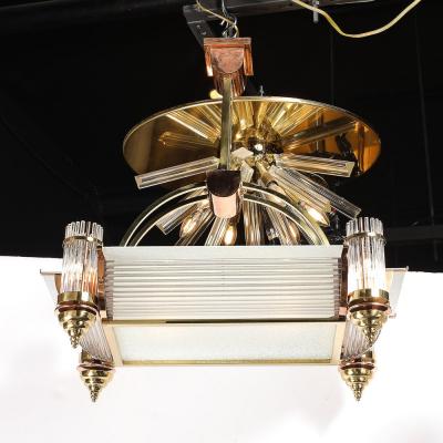 Ren Pottier Art Deco Machine Age Brass Copper Rectangular Chandelier by Ren Pottier