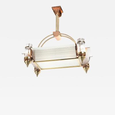 Ren Pottier Art Deco Machine Age Brass Copper Rectangular Chandelier by Ren Pottier