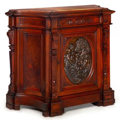 Renaissance Revival Walnut and Marble Cabinet w Bronze Clodion Plaque