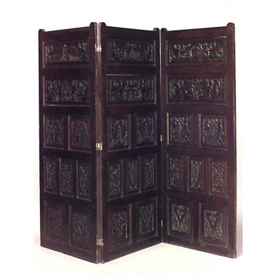 Renaissance Style Carved Oak 3 Fold Screen