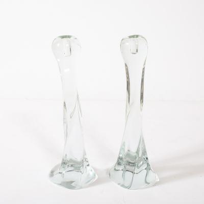Renato Anatra Pair of Signed Renato Anatra Transparent Sculptural Murano Glass Candlesticks