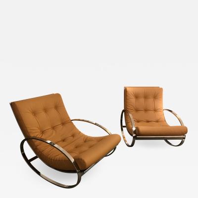 Renato Zevi Pair of Rocking Lounge Chair Metal Leather by Renato Zevi Italy 1970s