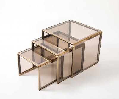 Renato Zevi Renato Zevi Set of Brass and Smoked Glass Nesting Tables Italy circa 1970