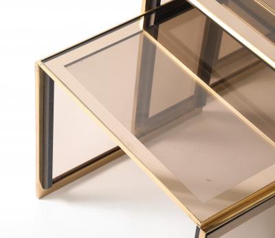 Renato Zevi Renato Zevi Set of Brass and Smoked Glass Nesting Tables Italy circa 1970