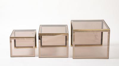 Renato Zevi Renato Zevi Set of Brass and Smoked Glass Nesting Tables Italy circa 1970
