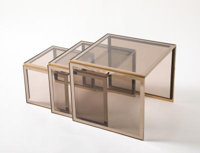 Renato Zevi Renato Zevi Set of Brass and Smoked Glass Nesting Tables Italy circa 1970