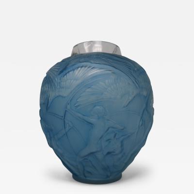 Rene Lalique Glass Archers Vase Blue Stained