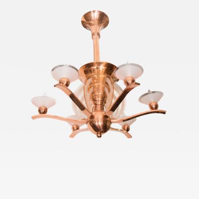 Rene Lalique MODERNIST FRENCH ART DECO COPPER AND FROSTED GLASS CHANDELIER