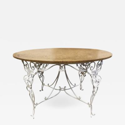 Rene Prou 1940s French Wrought Iron and Travertine Top Center Table Attri to Ren Prou