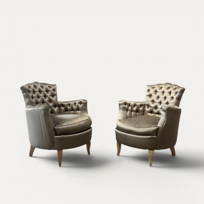 Rene Prou French Pair of Button Back Small Armchairs circa 1940 attributed to Ren e Prou