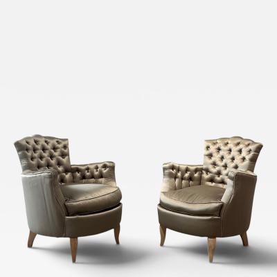 Rene Prou French Pair of Button Back Small Armchairs circa 1940 attributed to Ren e Prou