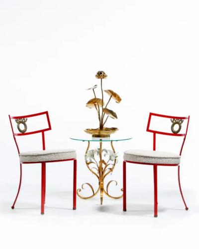 Rene Prou French Red Enameled Iron and Brass Side Chairs with Stylized Wreath Detail 1940s