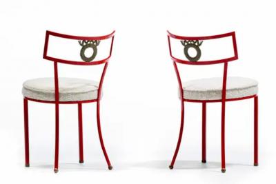 Rene Prou French Red Enameled Iron and Brass Side Chairs with Stylized Wreath Detail 1940s