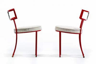 Rene Prou French Red Enameled Iron and Brass Side Chairs with Stylized Wreath Detail 1940s