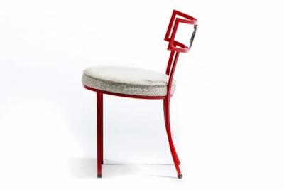 Rene Prou French Red Enameled Iron and Brass Side Chairs with Stylized Wreath Detail 1940s