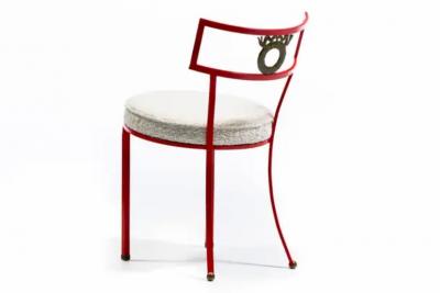 Rene Prou French Red Enameled Iron and Brass Side Chairs with Stylized Wreath Detail 1940s