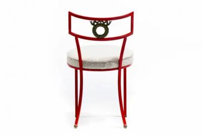 Rene Prou French Red Enameled Iron and Brass Side Chairs with Stylized Wreath Detail 1940s