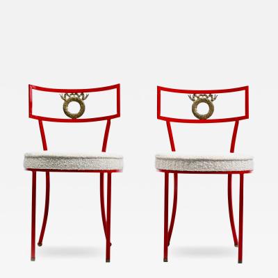 Rene Prou French Red Enameled Iron and Brass Side Chairs with Stylized Wreath Detail 1940s