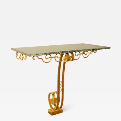 Rene Prou Gold Gilded Steel Green Marble Wall Console