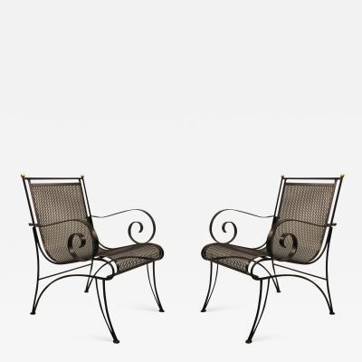 Rene Prou Midcentury Partial Gilt Wrought Iron Lounge Chairs Attributed to Ren Prou Pair