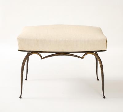 Rene Prou Ren Prou Gilt Upholstered Stool Tapered Legs Spherical Feet France c 1940 s