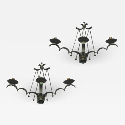 Rene Prou Rene Prou refined pair of wrought iron 3 light sconces