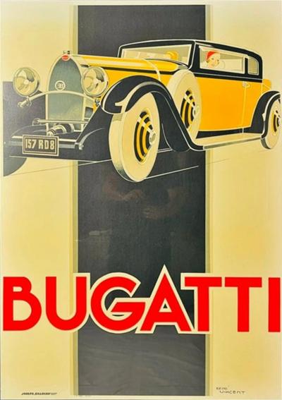 Rene Vincent Bugatti Type 46 Art Deco Lithograph Poster by Ren Vincent Framed