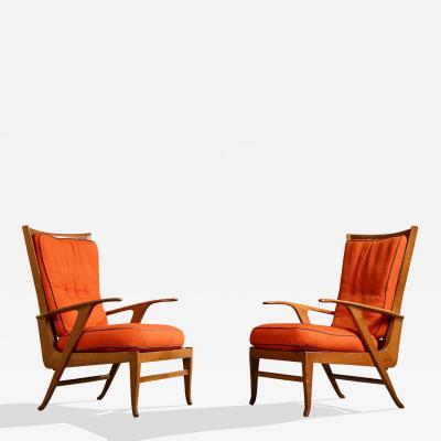 Renzo Franchi Lounge Chairs with Wood and Fabric Italy 1950s