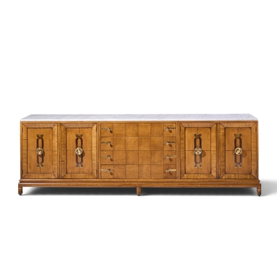 Renzo Rutili Renzo Rutili for Johnson Furniture Mid Century Walnut Brass and Marble Credenza