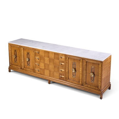 Renzo Rutili Renzo Rutili for Johnson Furniture Mid Century Walnut Brass and Marble Credenza
