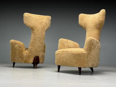 Renzo Zavanella Honey Sheepskin Wood Rare Lounge Chairs Italy 1950s