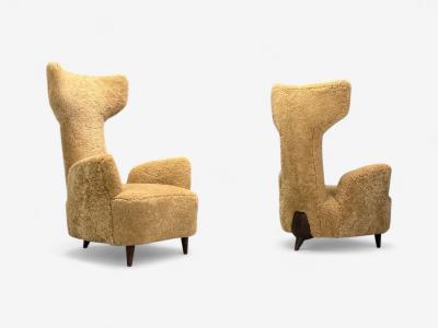 Renzo Zavanella Honey Sheepskin Wood Rare Lounge Chairs Italy 1950s