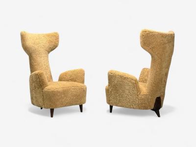 Renzo Zavanella Honey Sheepskin Wood Rare Lounge Chairs Italy 1950s