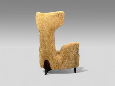 Renzo Zavanella Honey Sheepskin Wood Rare Lounge Chairs Italy 1950s