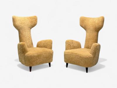 Renzo Zavanella Honey Sheepskin Wood Rare Lounge Chairs Italy 1950s