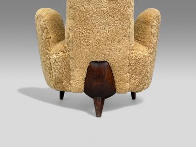 Renzo Zavanella Honey Sheepskin Wood Rare Lounge Chairs Italy 1950s