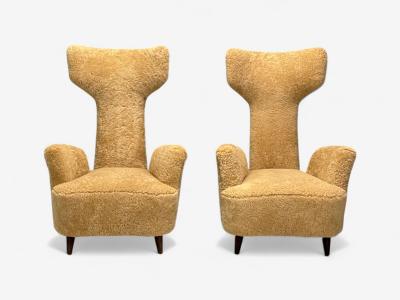 Renzo Zavanella Honey Sheepskin Wood Rare Lounge Chairs Italy 1950s