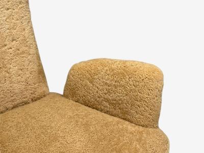 Renzo Zavanella Honey Sheepskin Wood Rare Lounge Chairs Italy 1950s