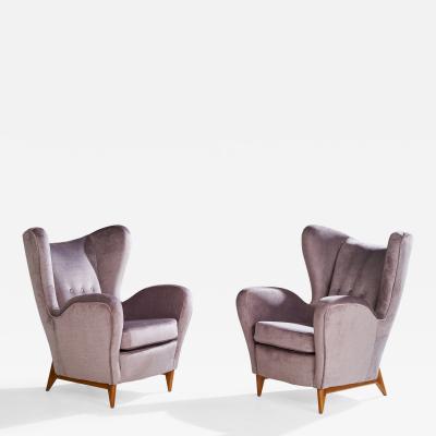 Renzo Zavenella Attribution Lounge Chairs with Velvet and Wood Italy 1940s