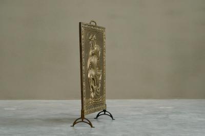 Repouss Fire Screen in Patinated Brass with Galleon Early 20th Century