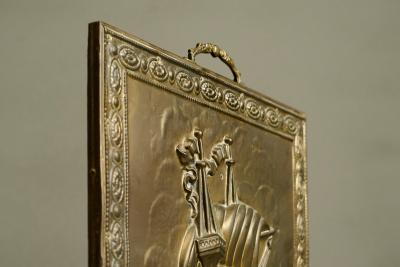 Repouss Fire Screen in Patinated Brass with Galleon Early 20th Century