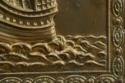 Repouss Fire Screen in Patinated Brass with Galleon Early 20th Century