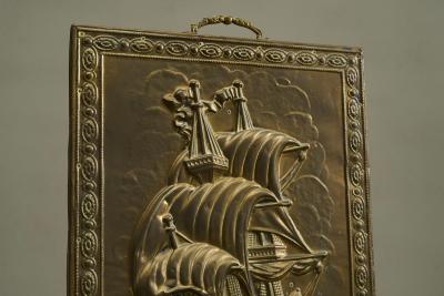 Repouss Fire Screen in Patinated Brass with Galleon Early 20th Century