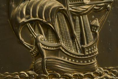 Repouss Fire Screen in Patinated Brass with Galleon Early 20th Century